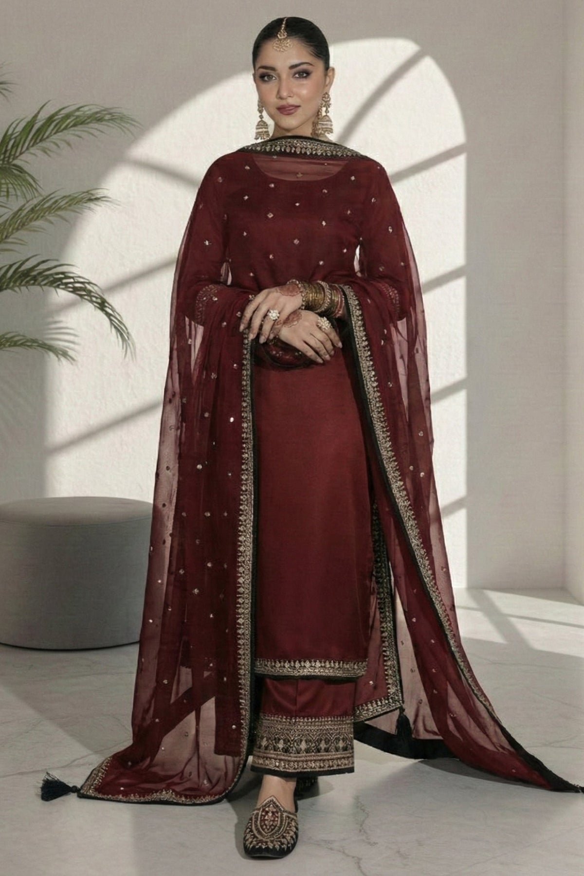 Maroon Desire 3 piece Embroidered Luxury Pret For Women