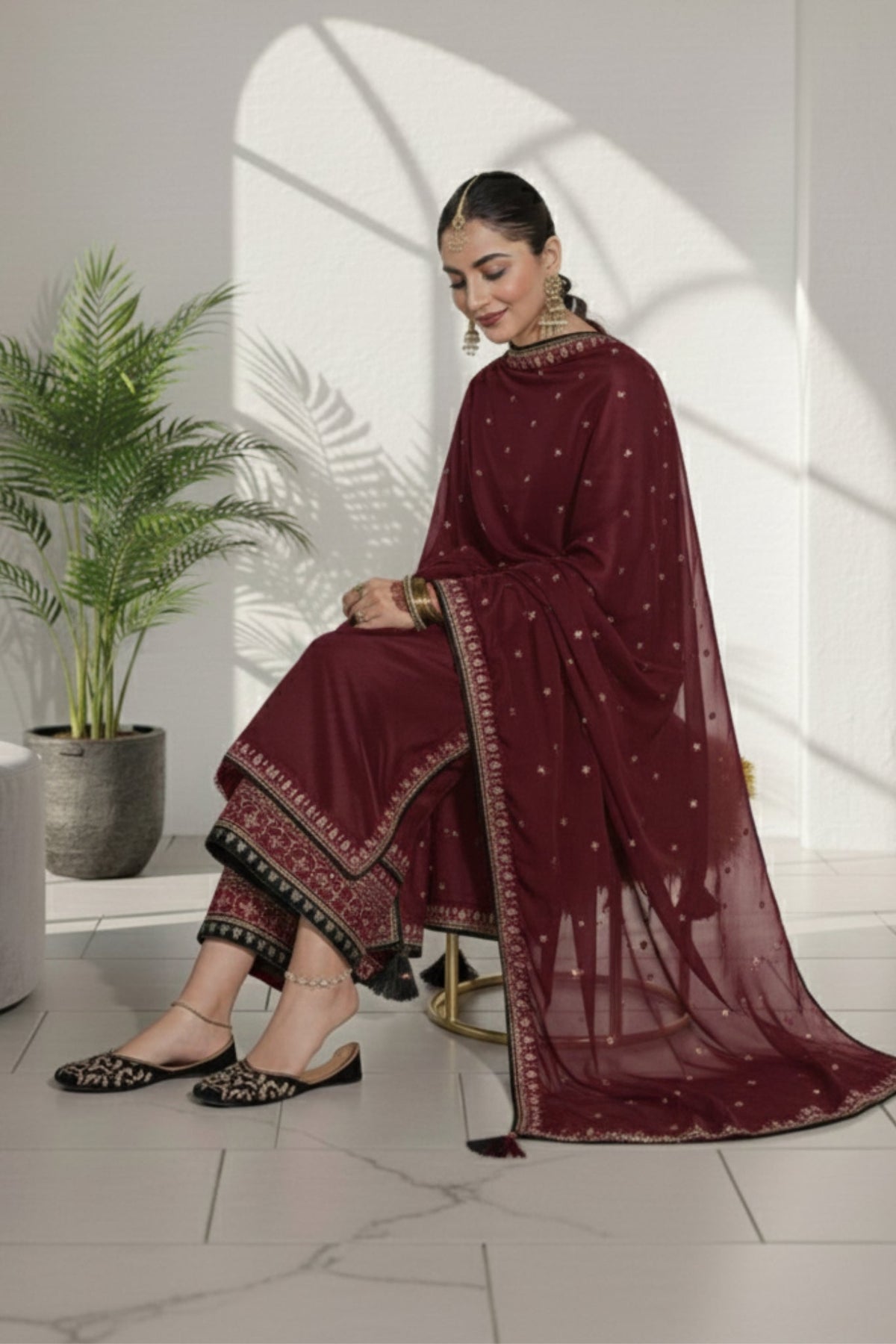 Maroon Desire 3 piece Embroidered Luxury Pret For Women
