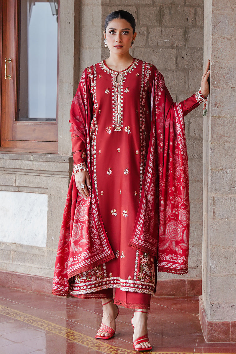 RUBY WHISPER-3PC SATIN EMBROIDERED SUIT UNSTITCH / RED / SATIN (RTS)-CROSS STITCHED