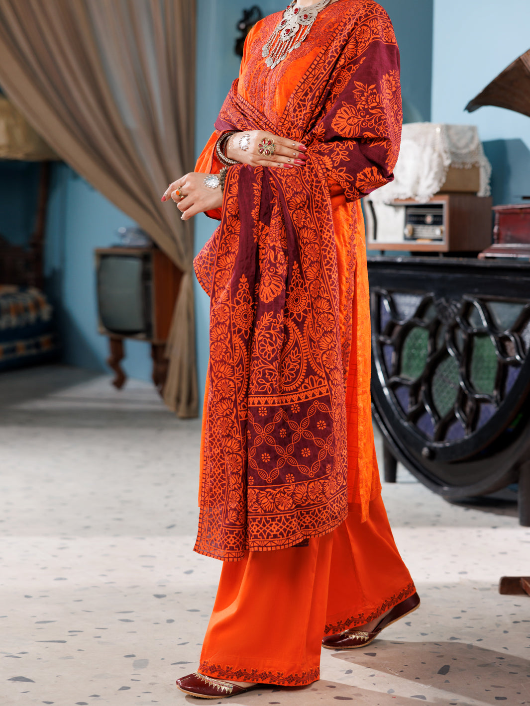 Orange Cotton Dobby 3Pc Unstitched - ALP-3PS-1924