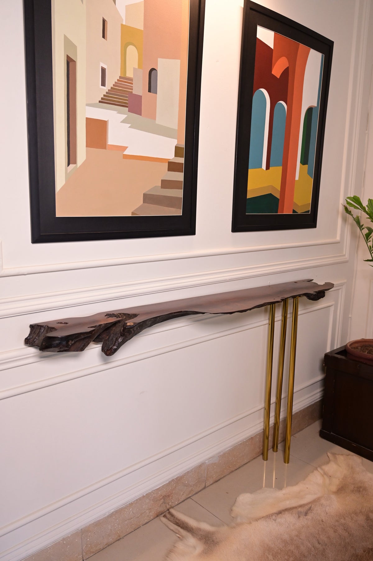 Sheesham hanging console with 3 stainless steel metal legs 2108