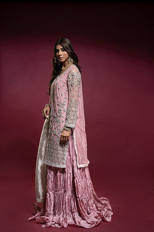 Pink Net Embellished Tunic with Silk Jhubba