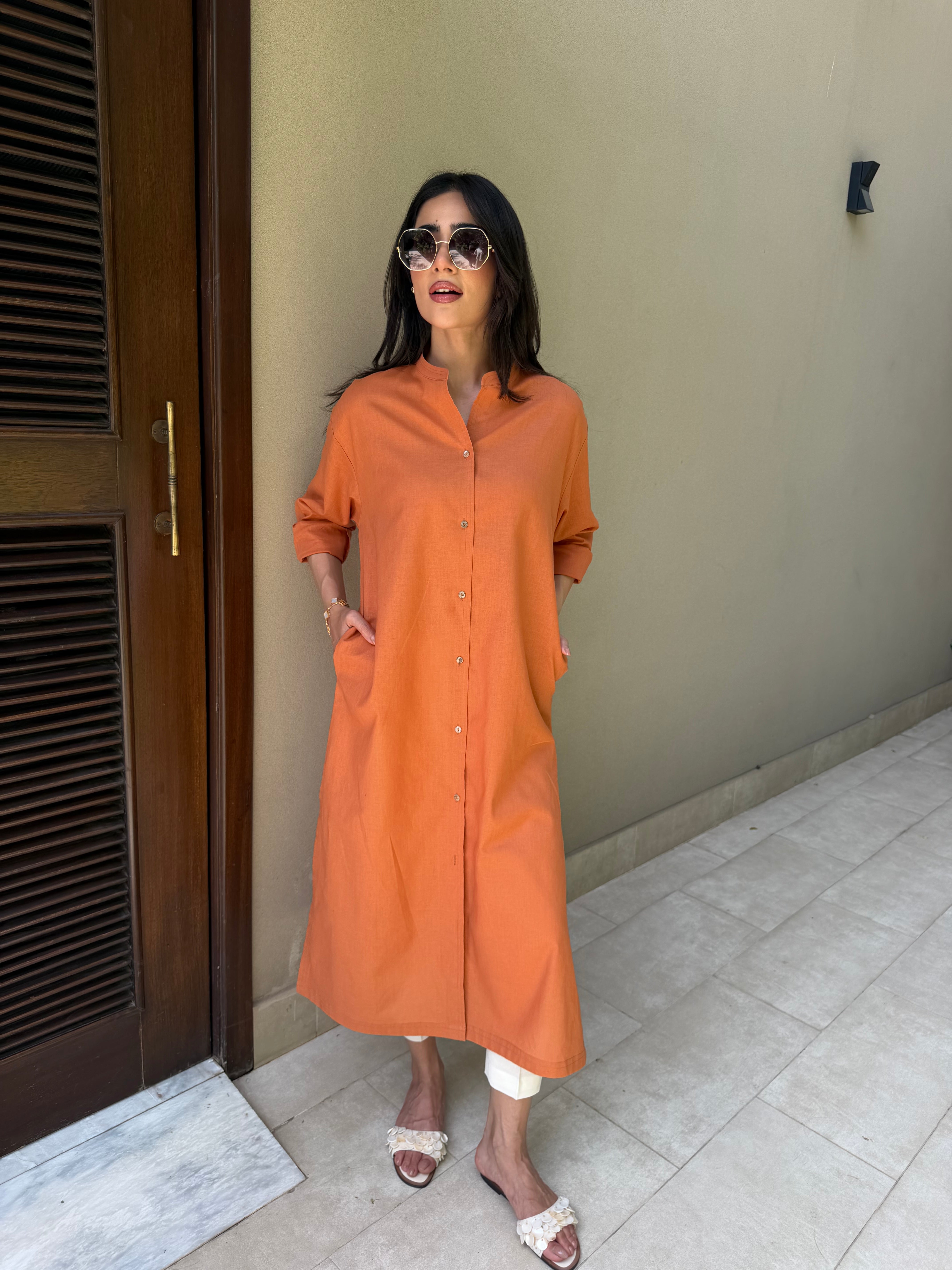 Oversized Linen Shirt Dress in Tangerine