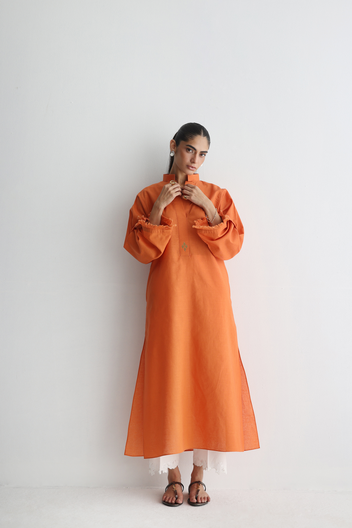Burnt Orange - Buttoned-up Sleeves Kurta