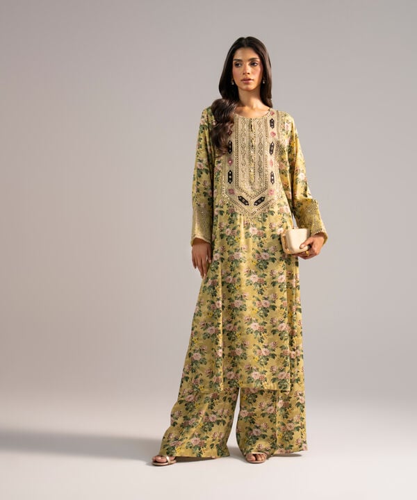 2 Piece - Embroidered Raw Silk Suit