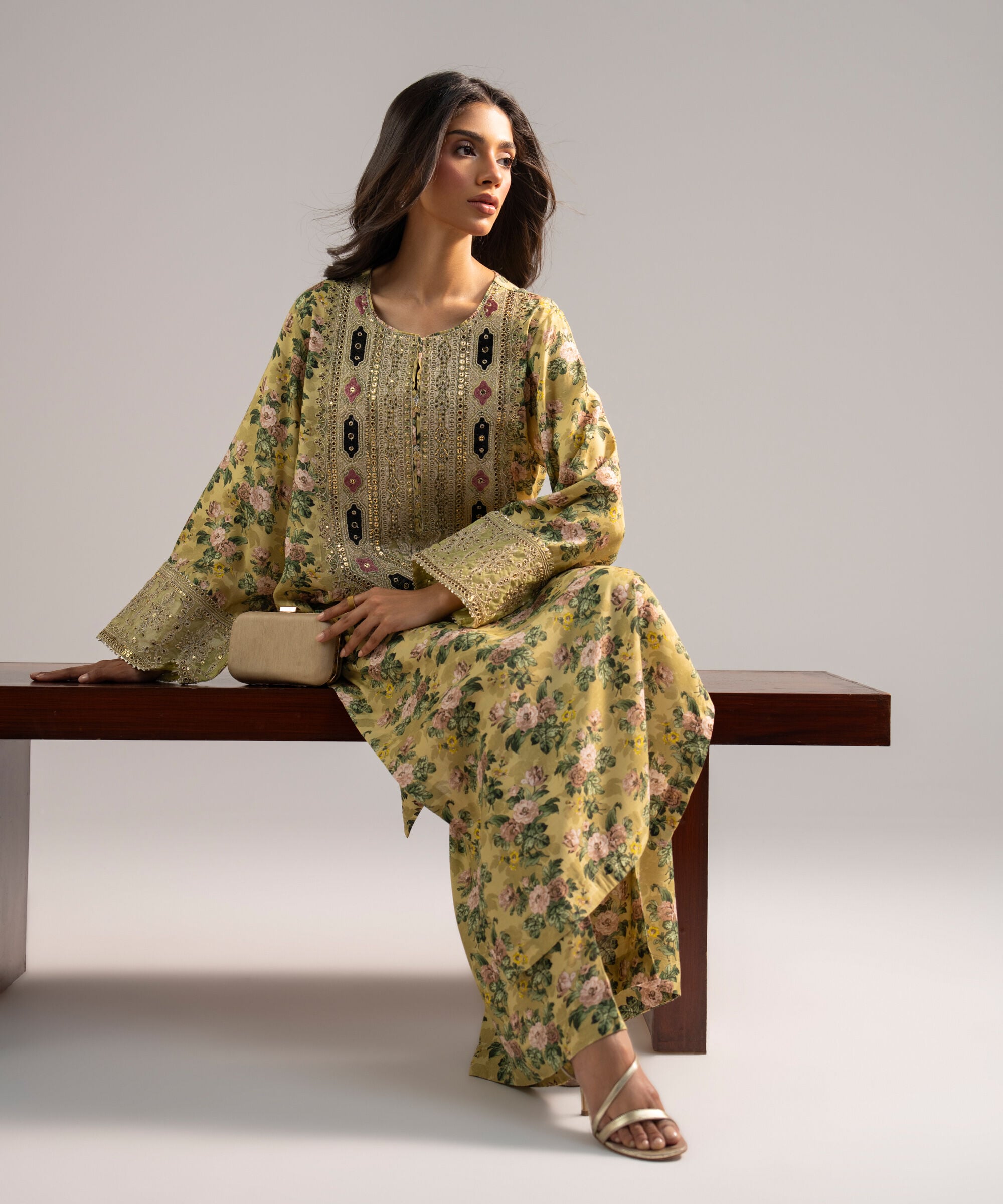 2 Piece - Embroidered Raw Silk Suit
