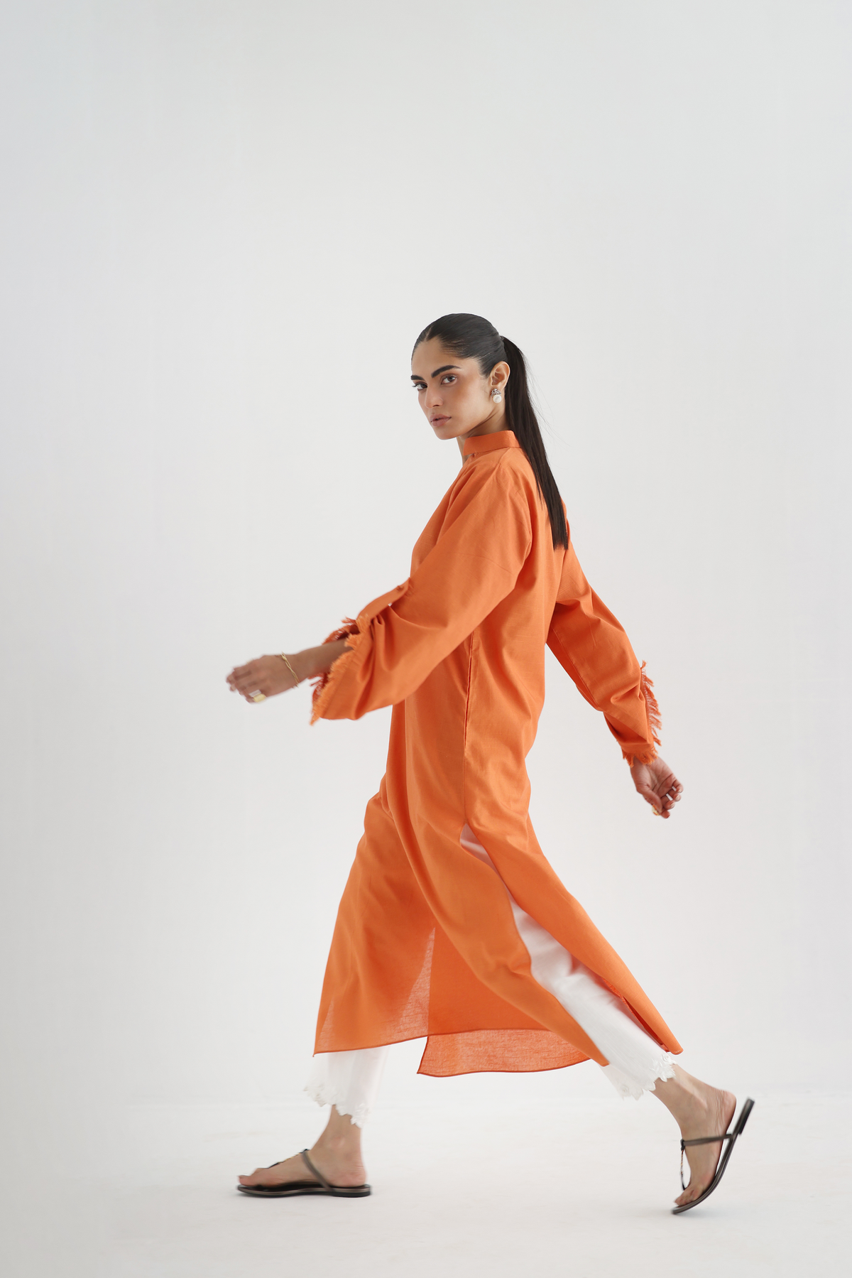 Burnt Orange - Buttoned-up Sleeves Kurta