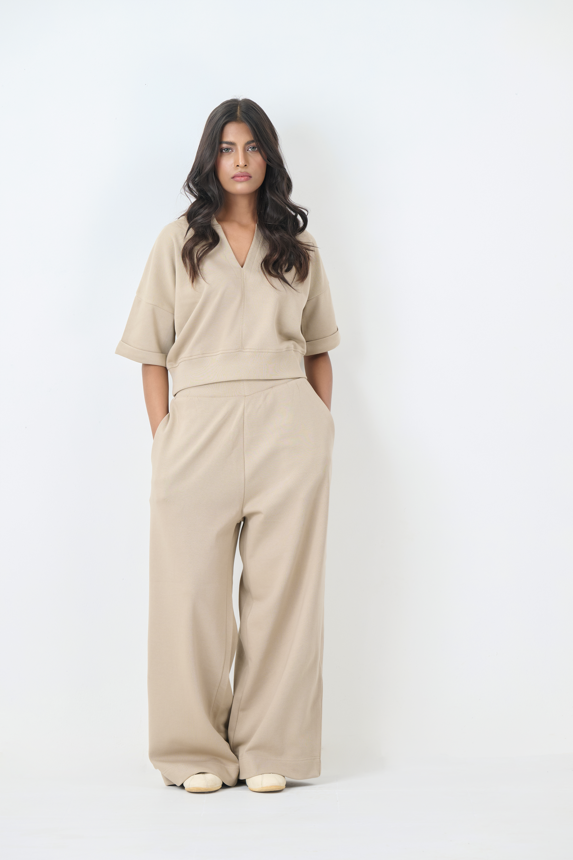 French Terry Wide-Leg Comfort Trousers (Beige)