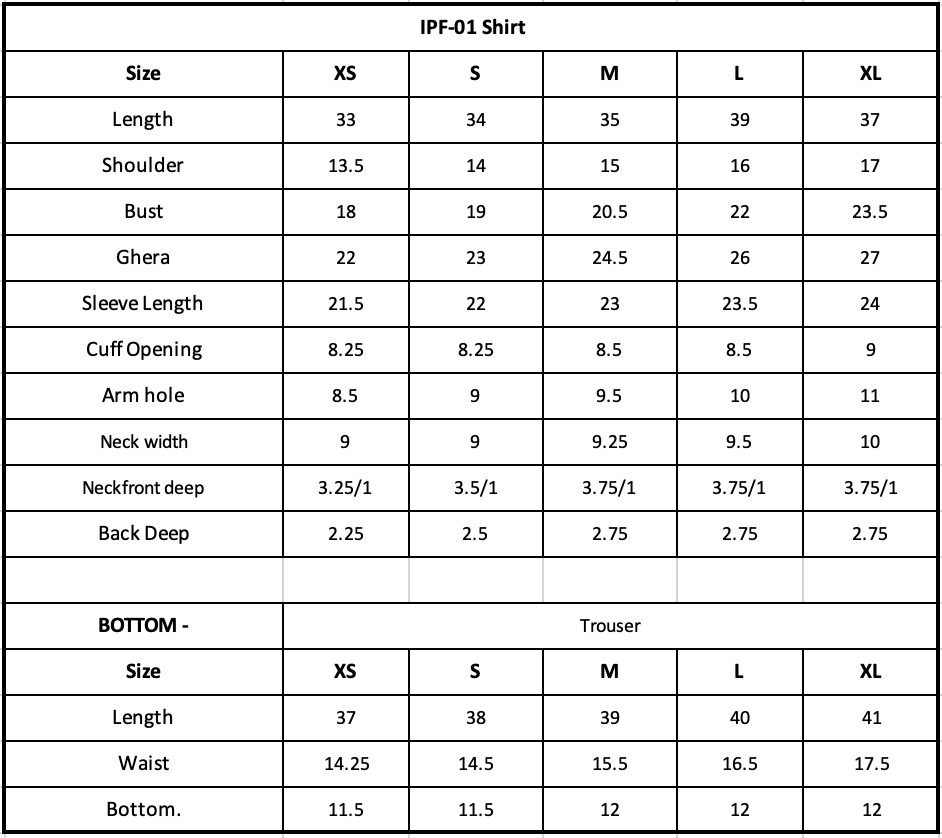 Size Chart (inches)