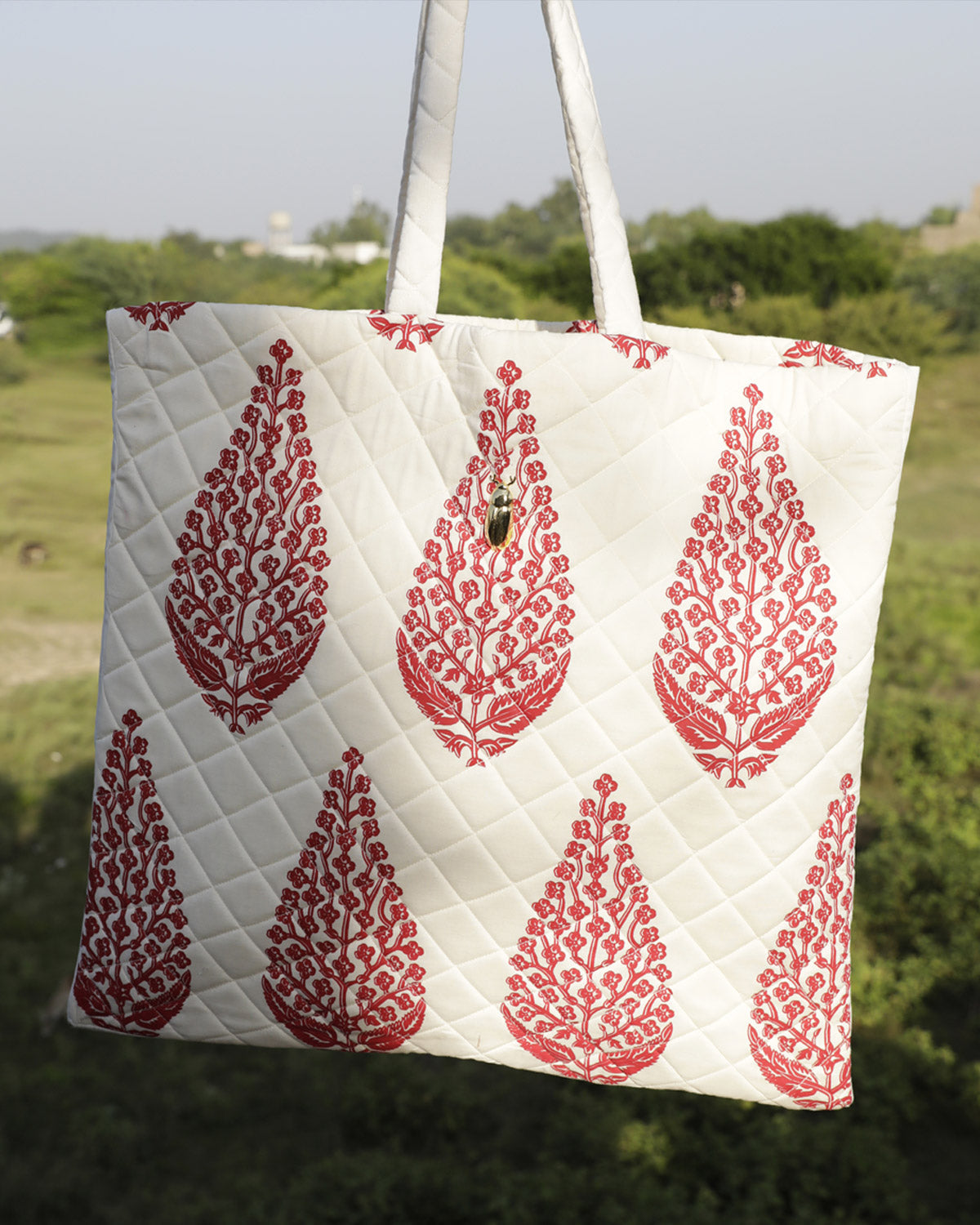 Red Block Print Tote Bag