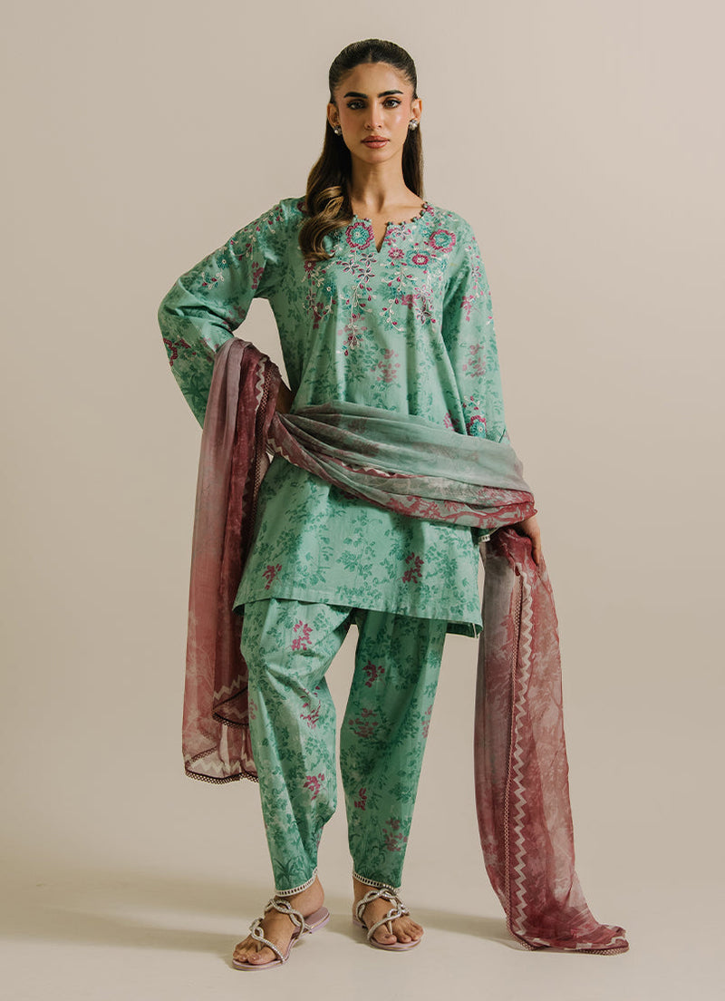 3 Pc Printed Embroidered Suit