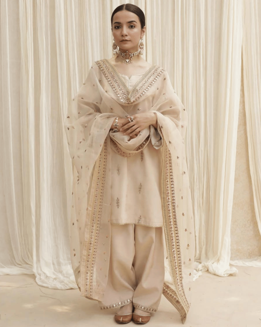 Golden Petal Lawn Suit | Golden Embroidery with Organza Dupatta