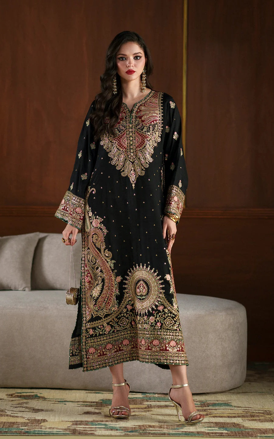 Ethnc Luxury Raw Silk Embroidered Unstitched 3PC Suit-Kaftan