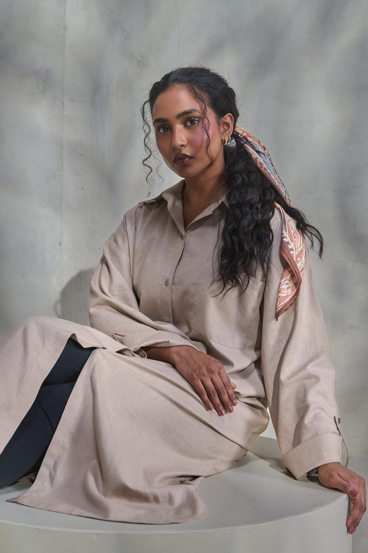 Beige Linen Front Open Dress