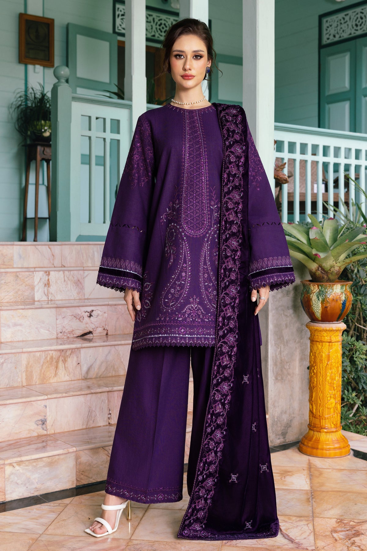 Naqshi Ishana plum 3-piece khaddar suit with velvet shawl