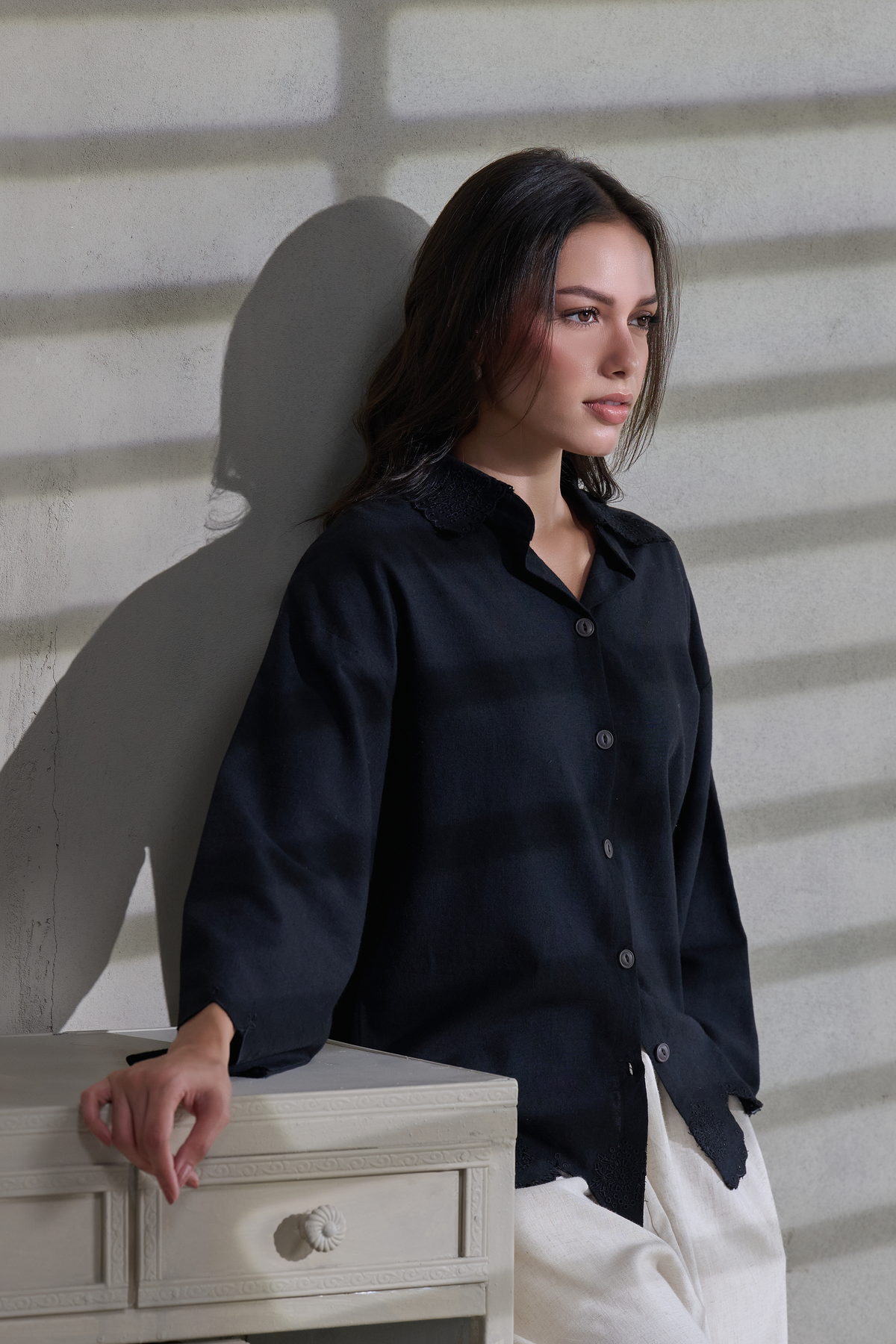 Black Linen Embroidered Button Down Shirt