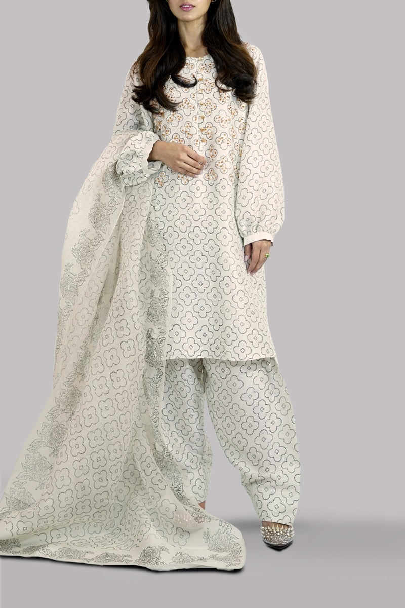 Egret Block Printed &amp; Embellished Raw Silk Set