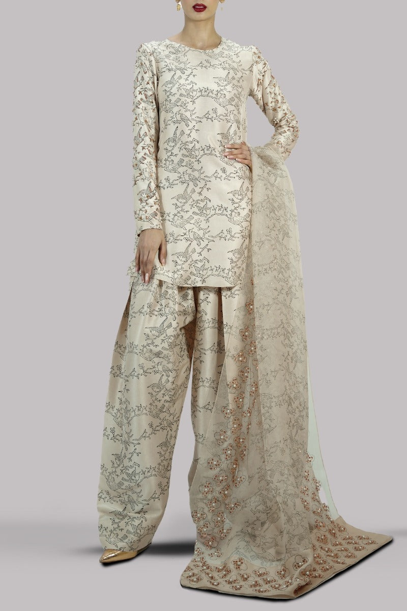 Lamb’s Wool Block Printed &amp; Embellished Raw Silk Set