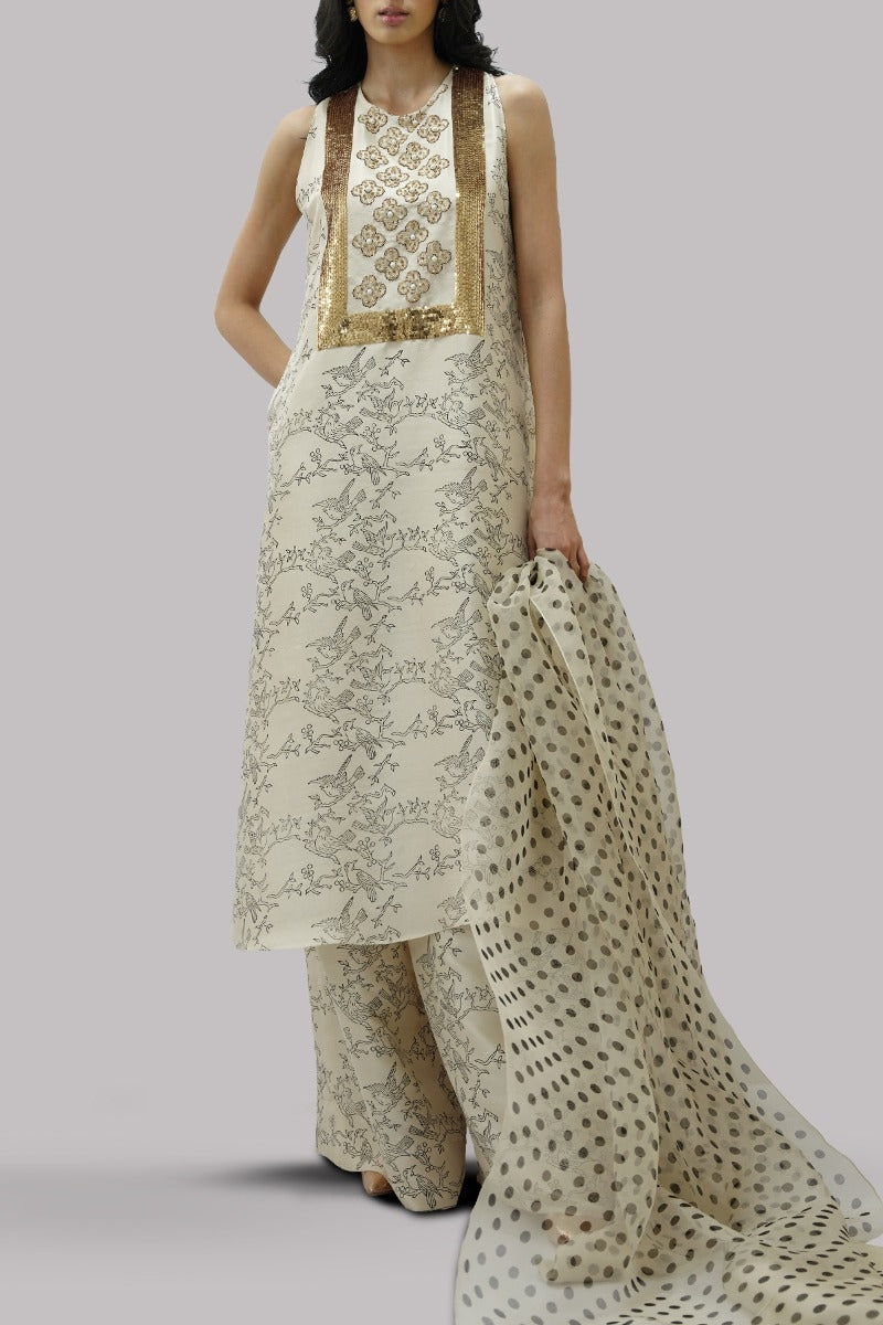 Lamb’s Wool Block Printed &amp; Embellished Raw Silk Set