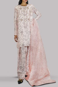 Peach Blush Block Printed & Embellished Raw Silk Set