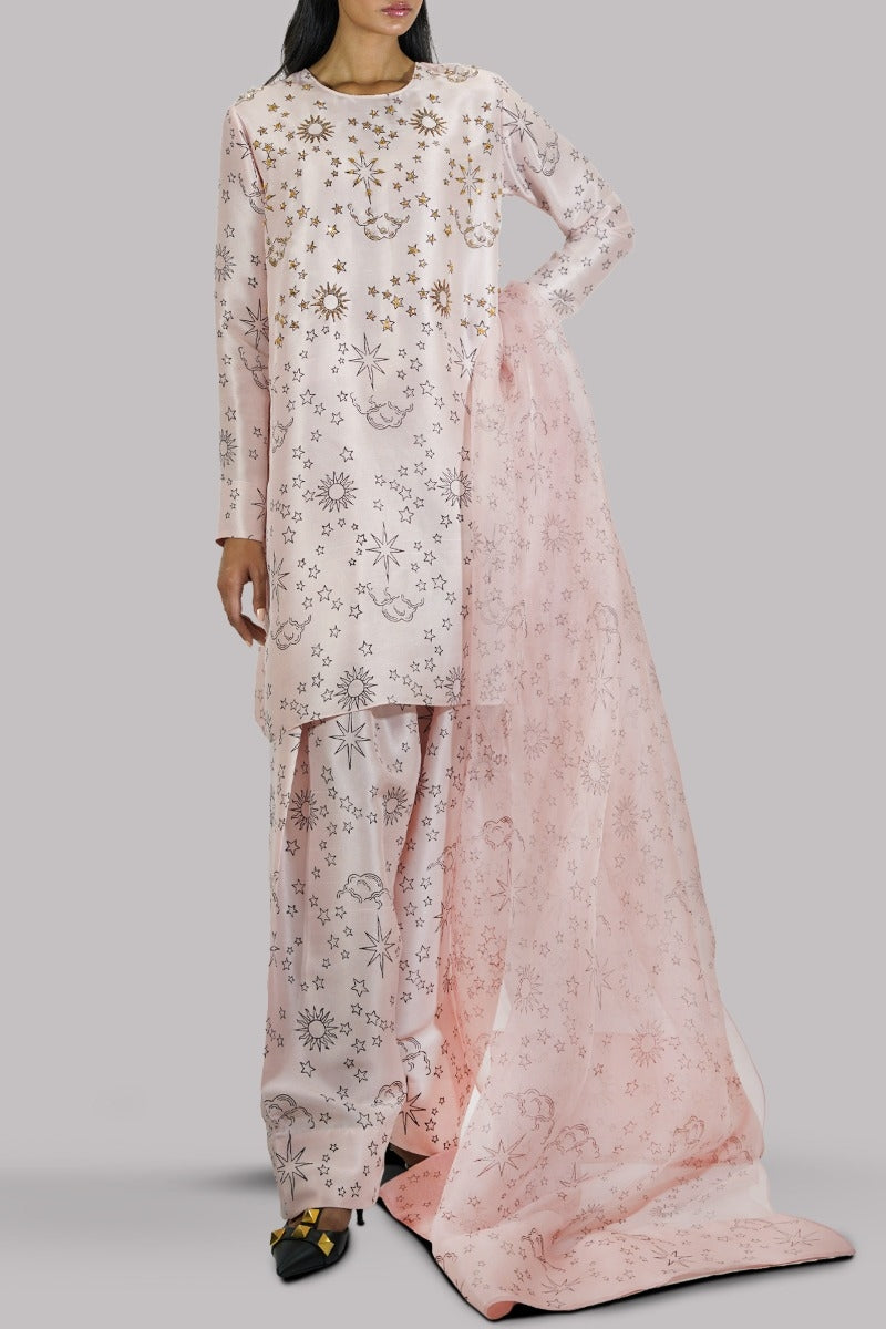 Peach Blush Block Printed &amp; Embellished Raw Silk Set