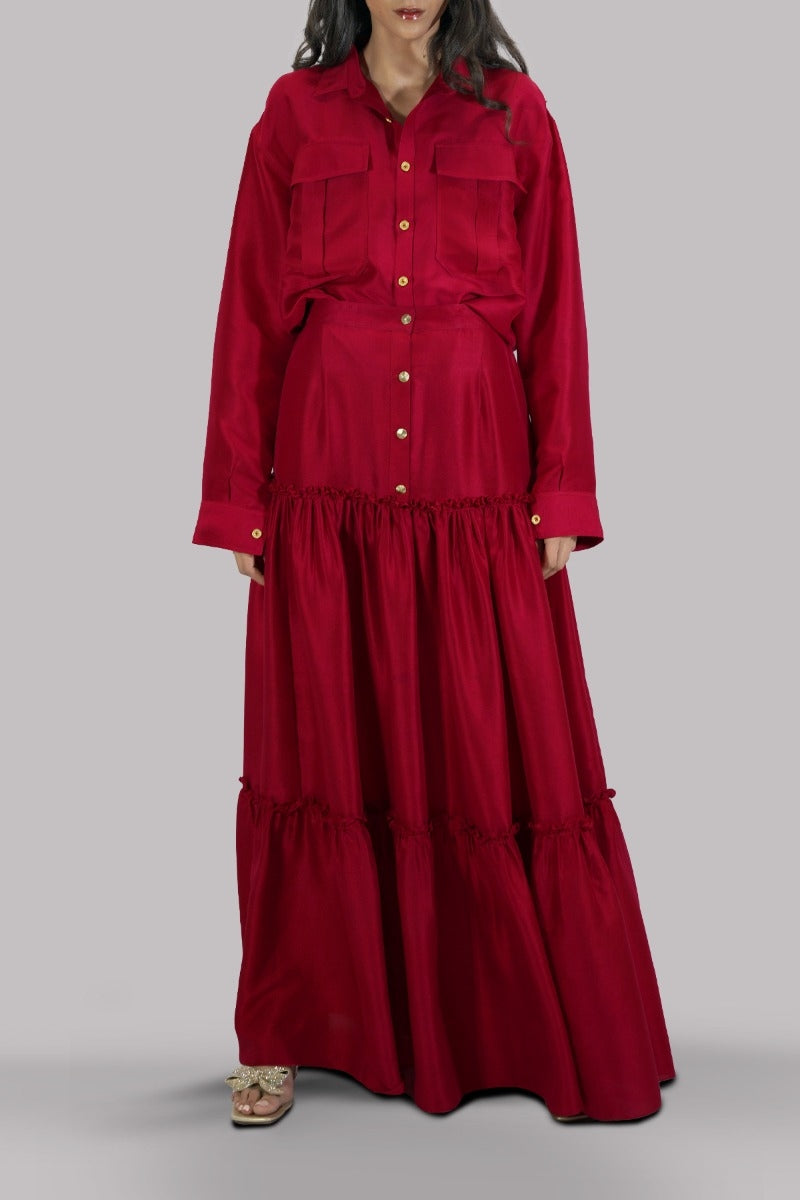 Red Bud Embellished Blouse Skirt Set