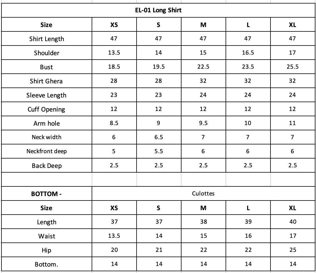Size Chart (inches)