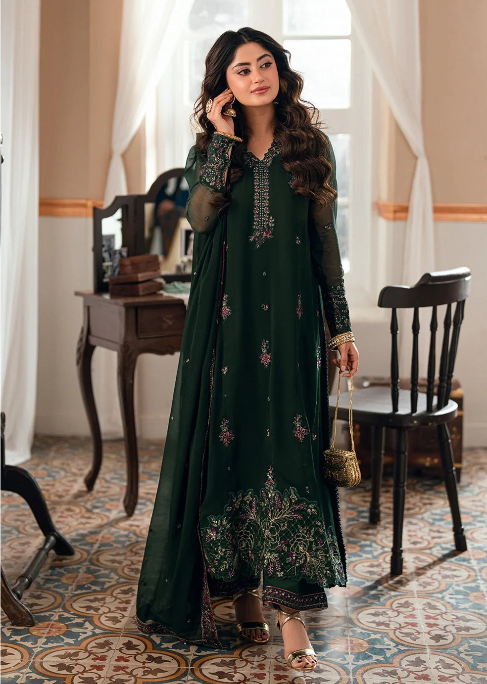 Azure Glimmer Green Luxury Chiffon Embroidered 3Pc Unstitched Suit  PA-214