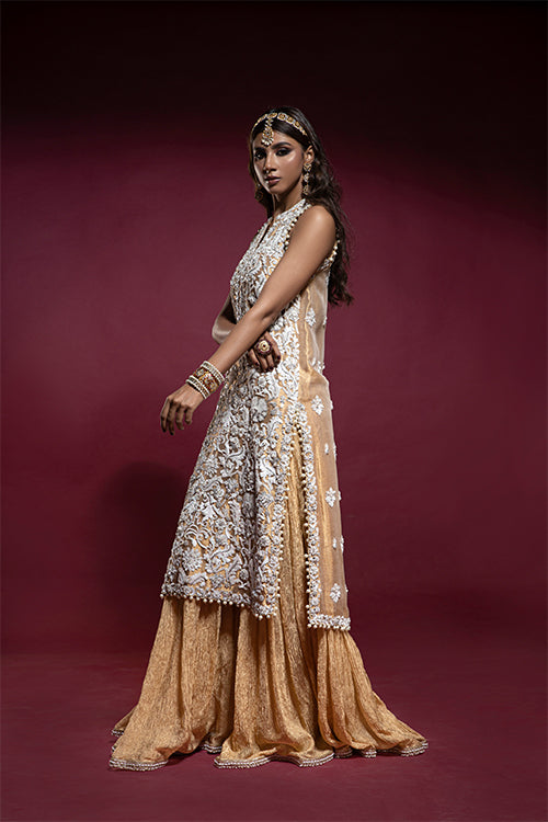Gold Lamé Kameez with Ivory Embroidery, Crushed Lehnga and Ruffled Dupatta