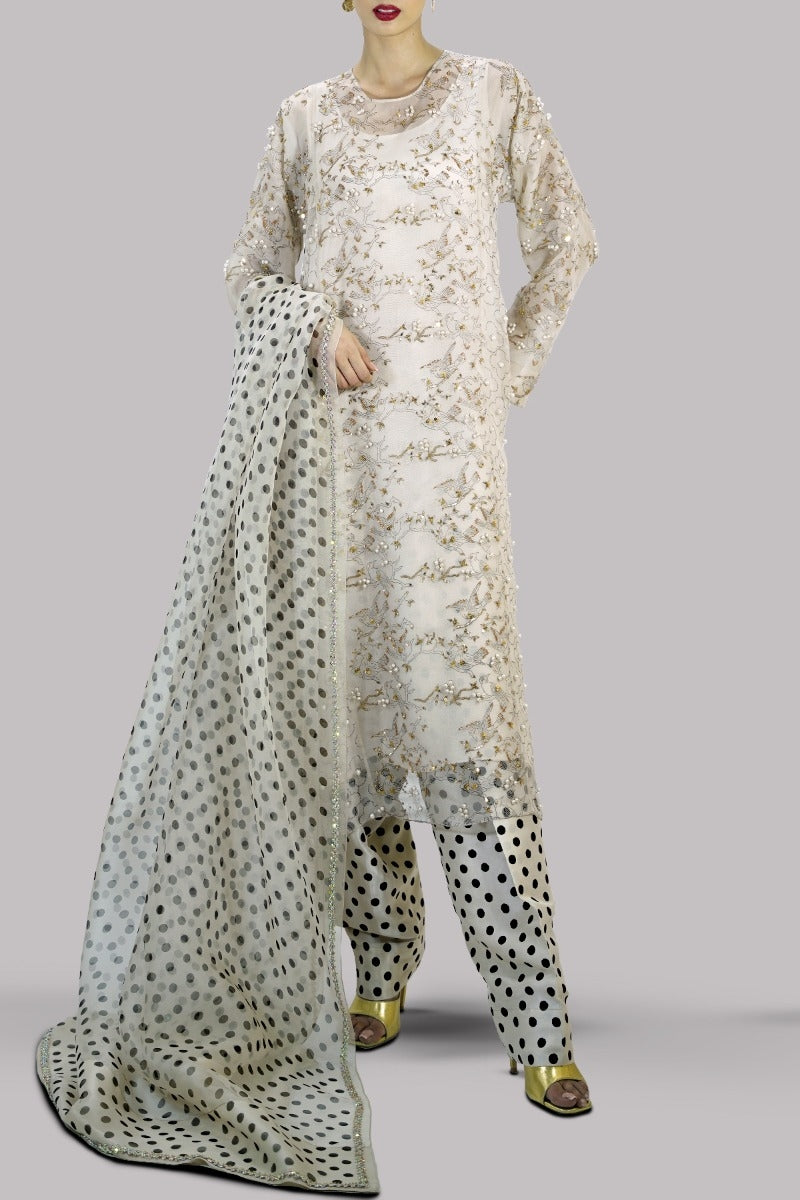 Egret Block Printed &amp; Embellished Organza Set
