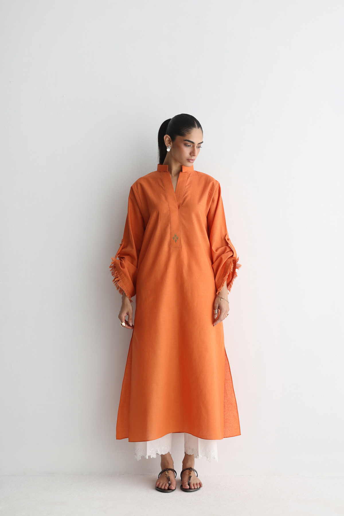 Burnt Orange - Buttoned-up Sleeves Kurta