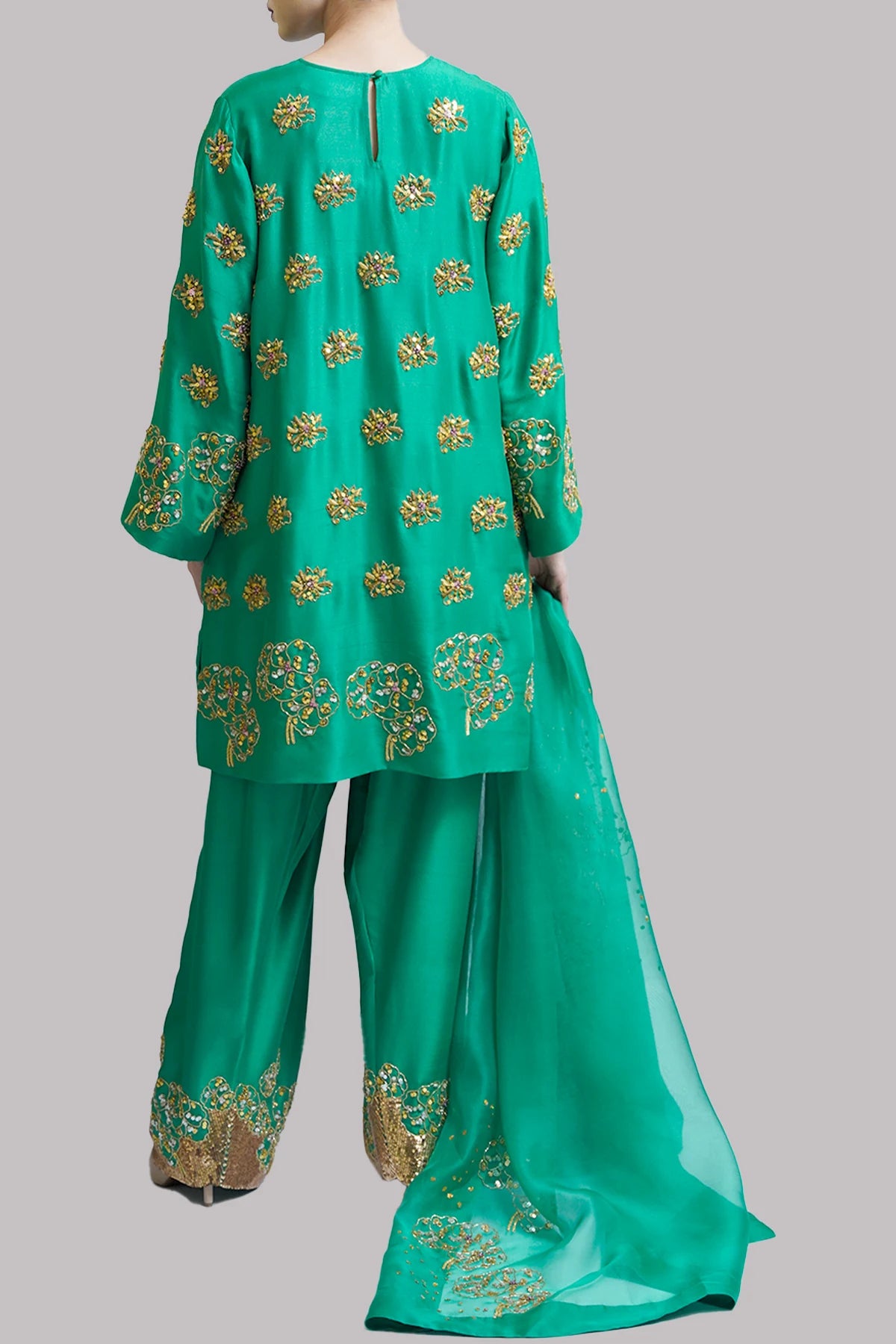 Zip Green Embellished Raw Silk Set