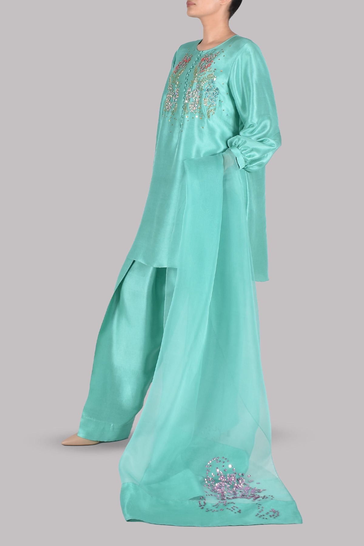 Mint Green Turquoise Embellished Raw Silk Set
