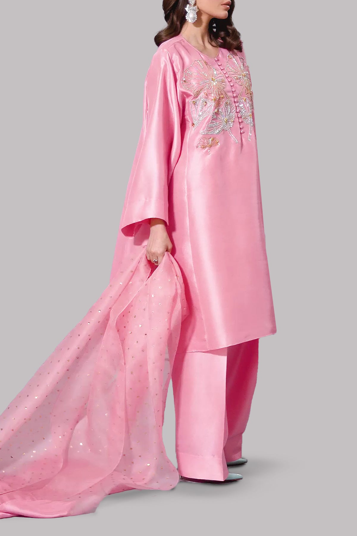 Orchid Pink Oversized Embellished Raw Silk Tunic Set