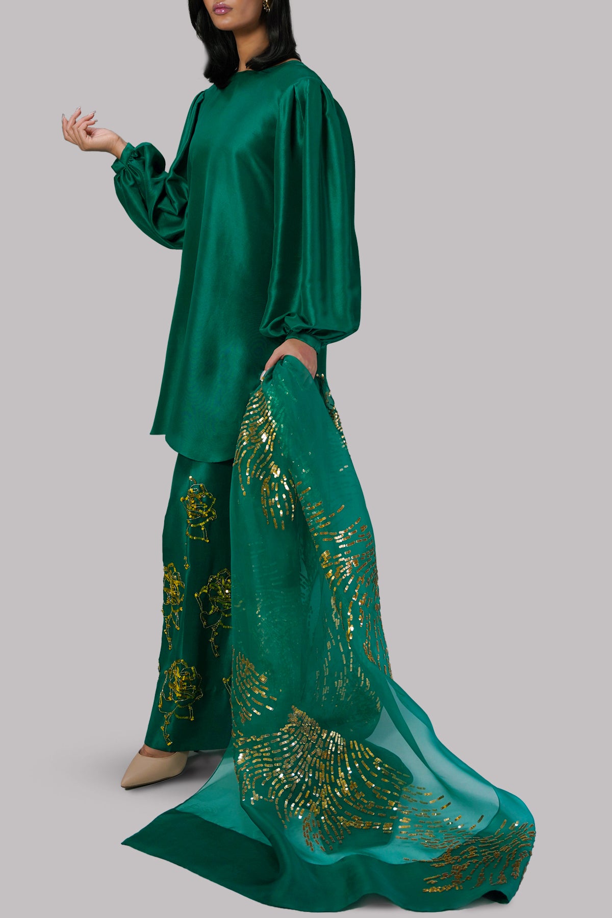 Galapagos Green Embellished Raw Silk Set
