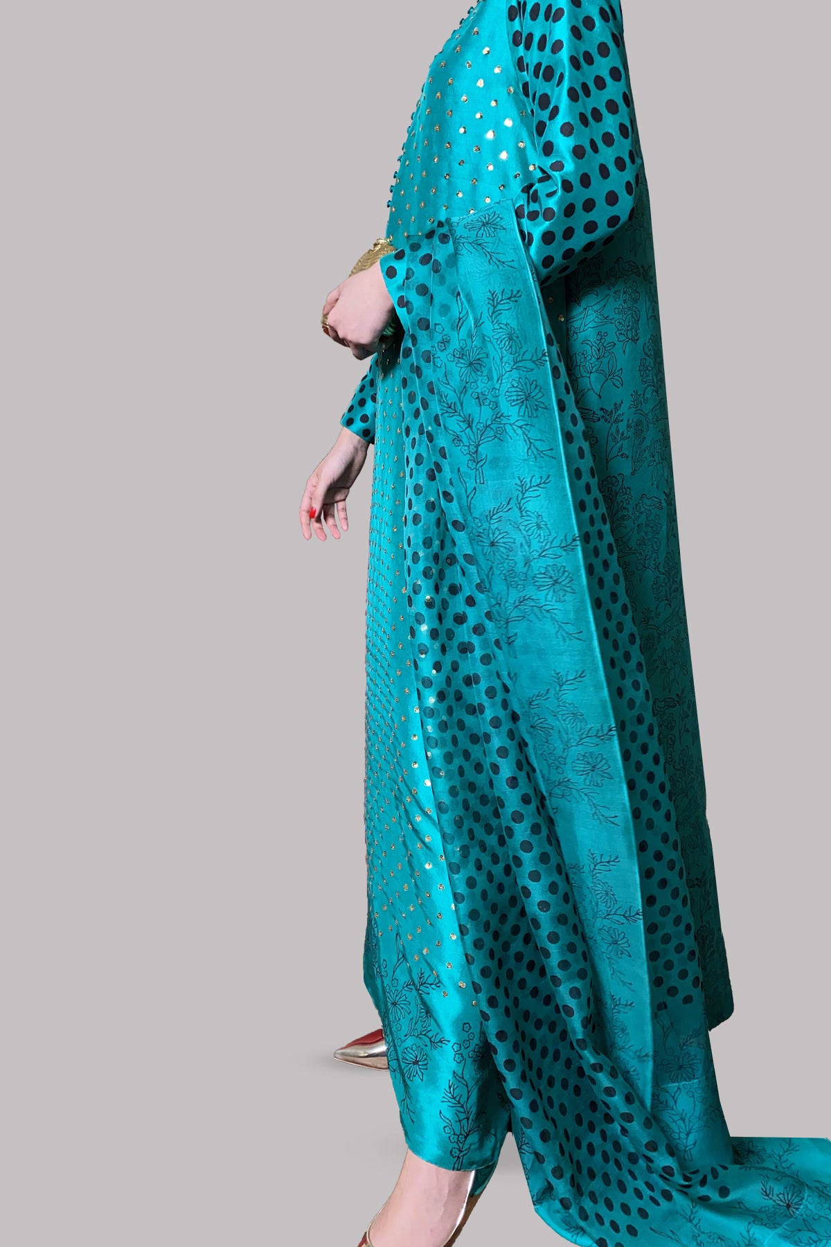Ultramarine Green Block Printed Silk Maxi Dress Set