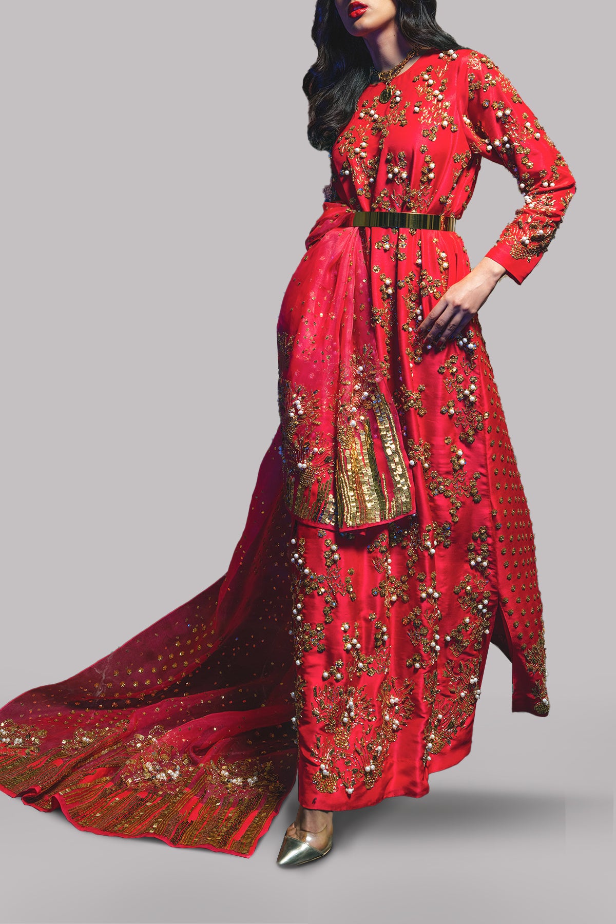 Lollipop Red Embellished Raw Silk Maxi Set