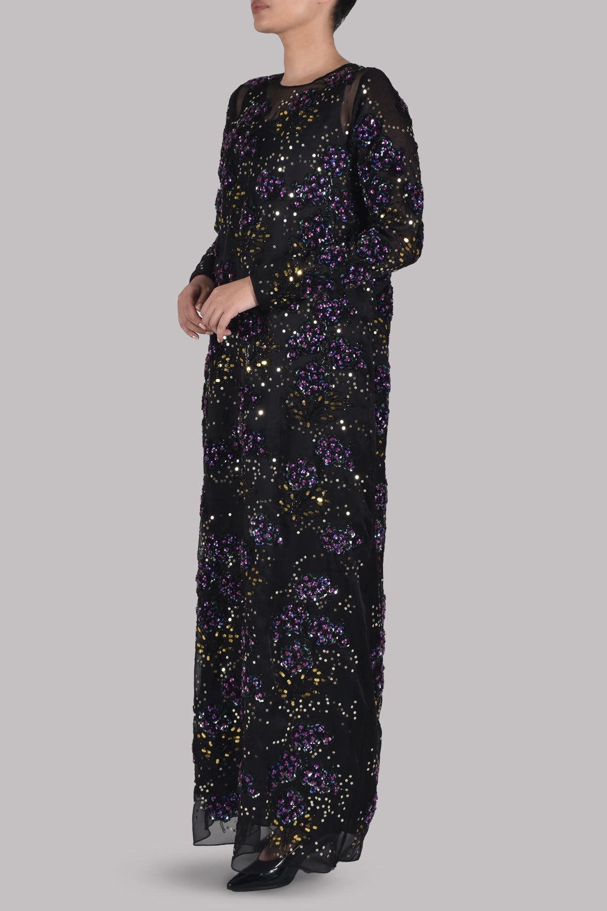 Black Embellished Italian Organza Maxi