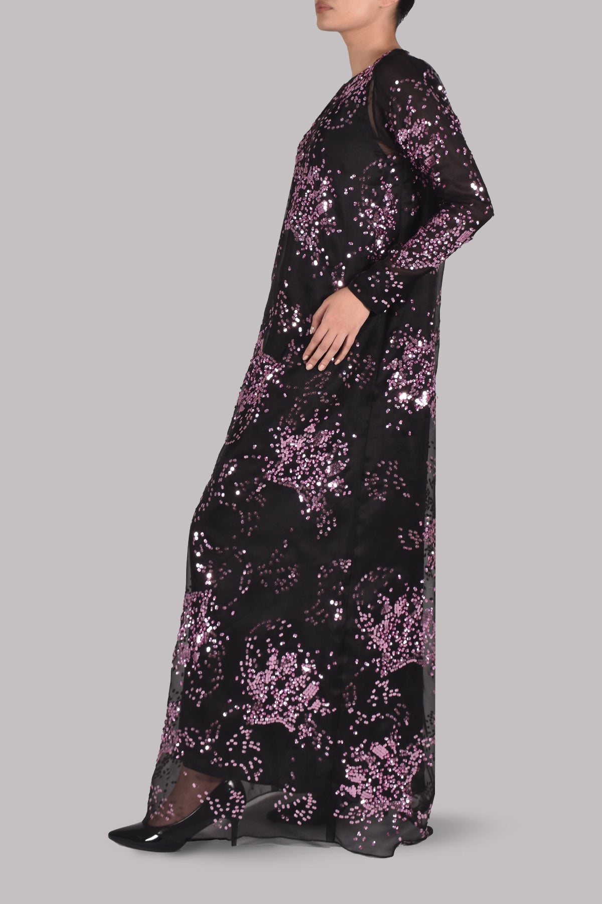 Black Embellished Italian Organza Maxi