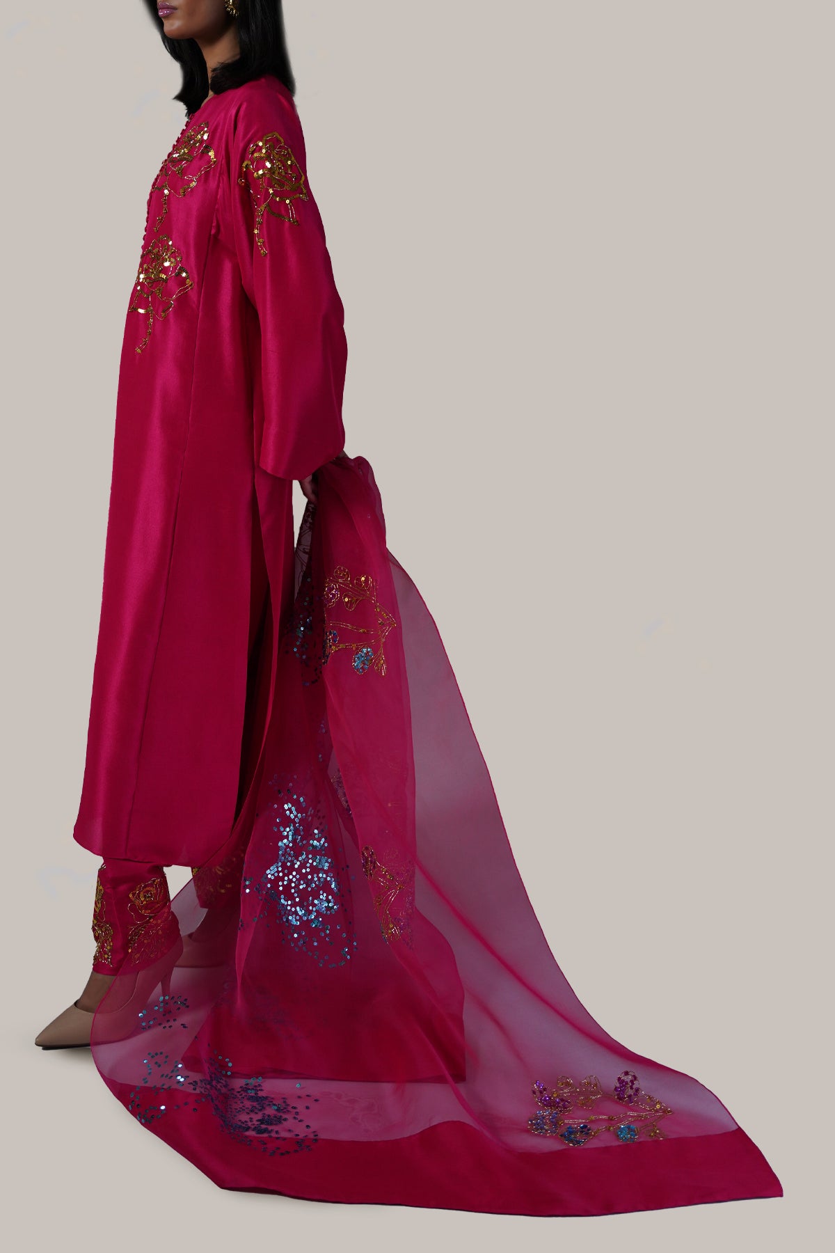 Virtual Pink Embellished Raw Silk Set