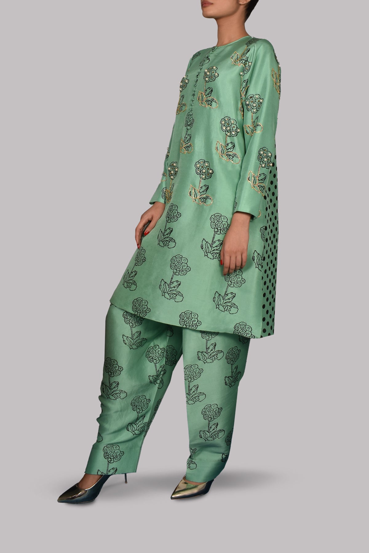 Neptune Green Block Print Embellished Raw Silk Tunic Set