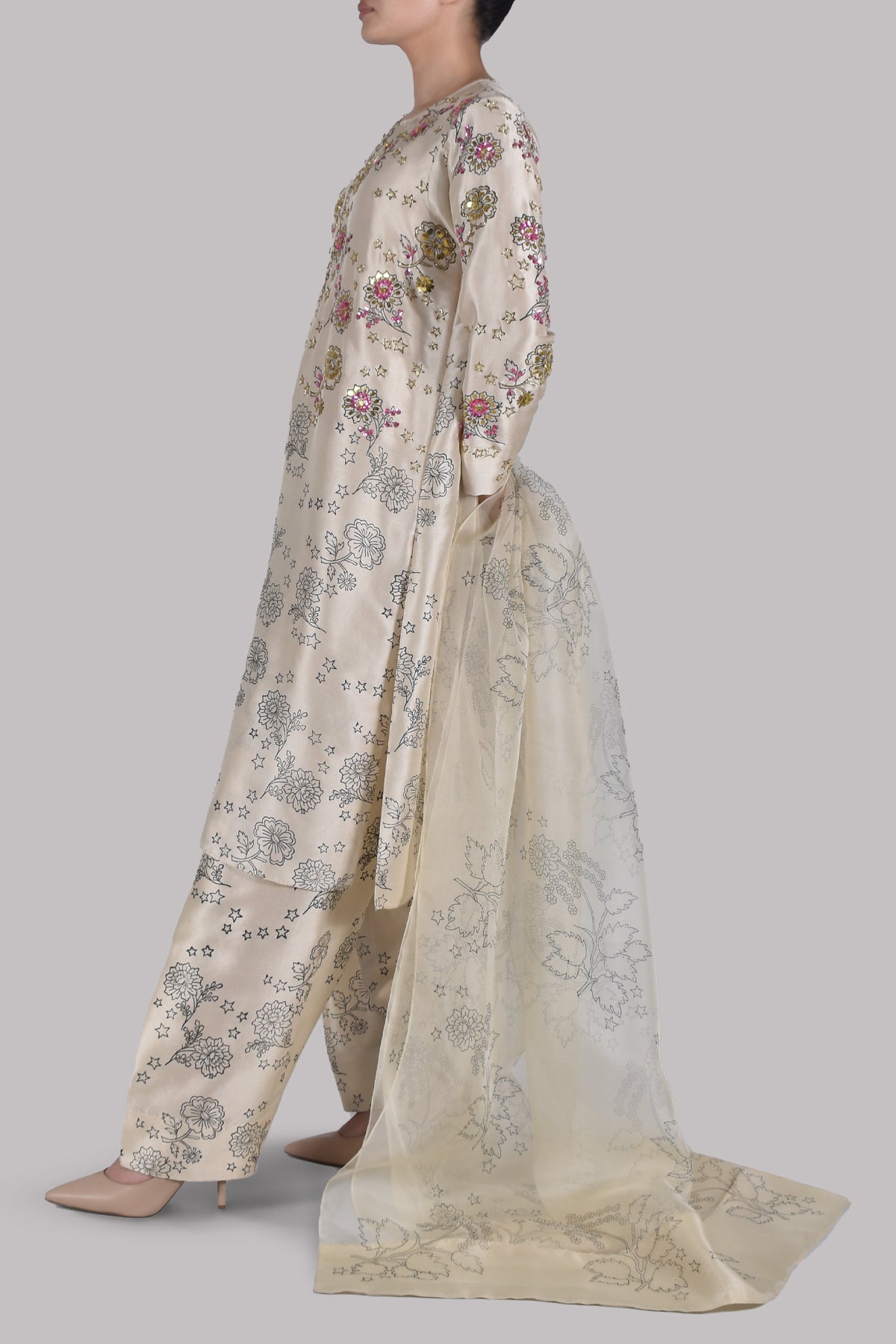 Lamb’s Wool Block Printed and Embellished Raw Silk Set