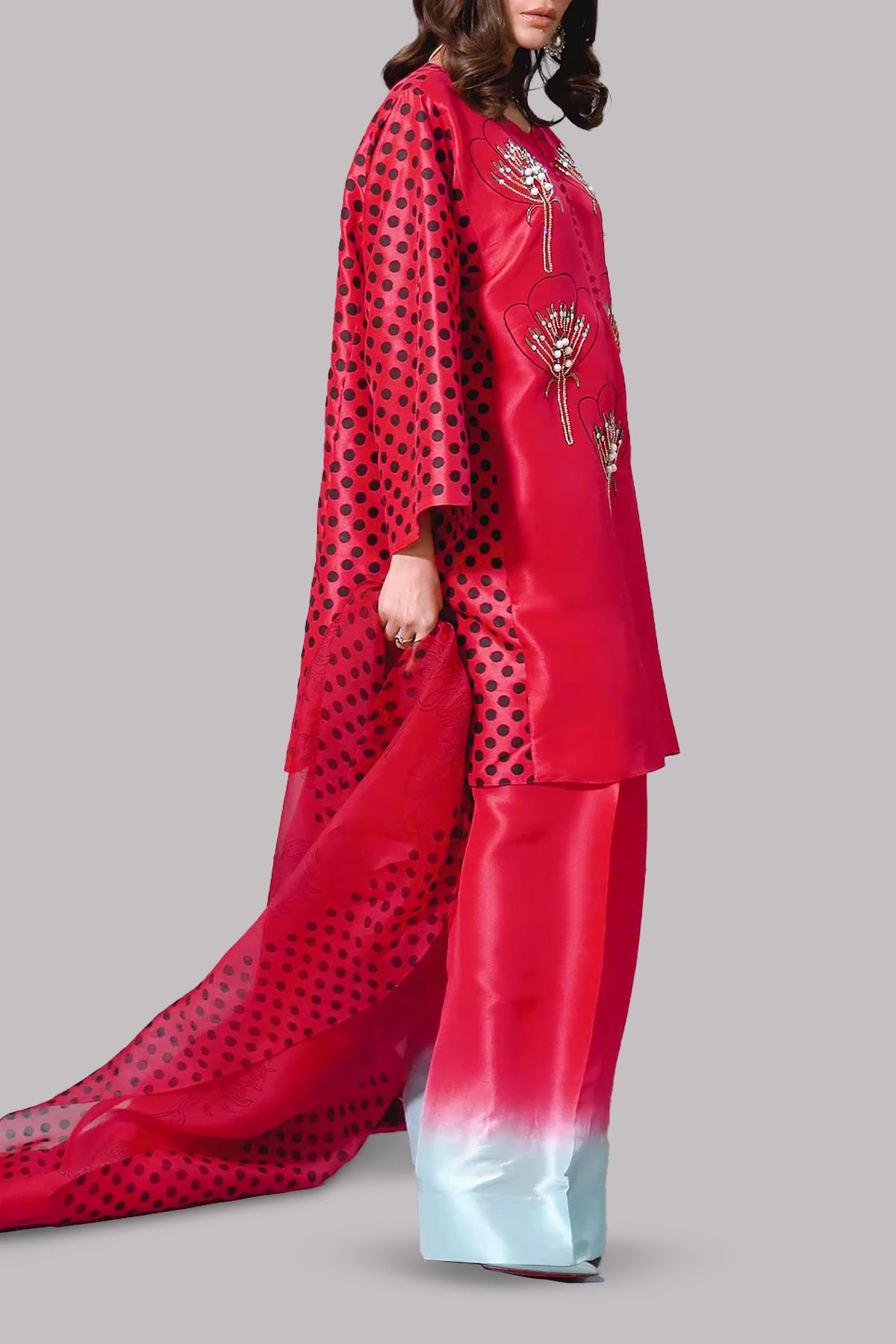 Lollipop Red Oversized Printed Embellished Raw Silk Set