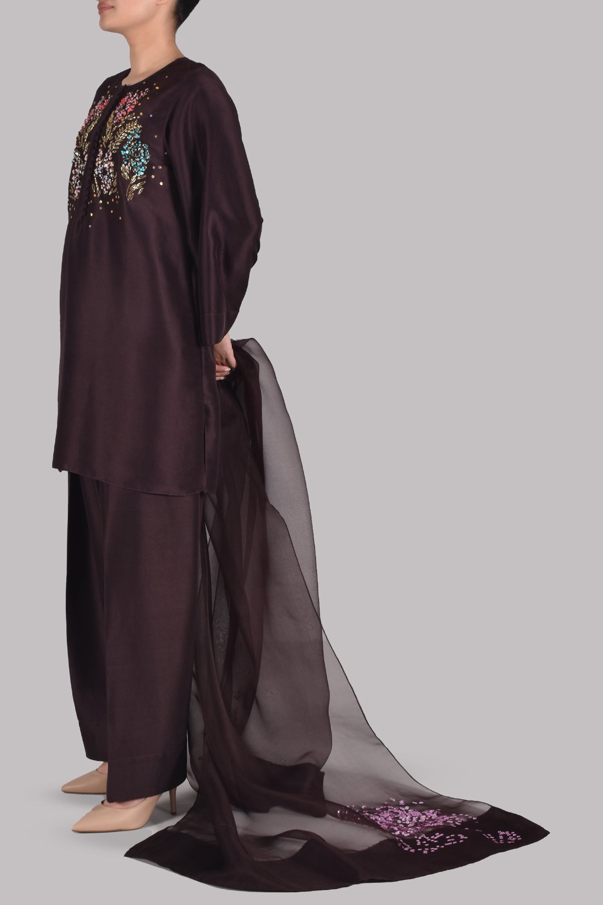 Black Coffee Embellished Raw Silk Set
