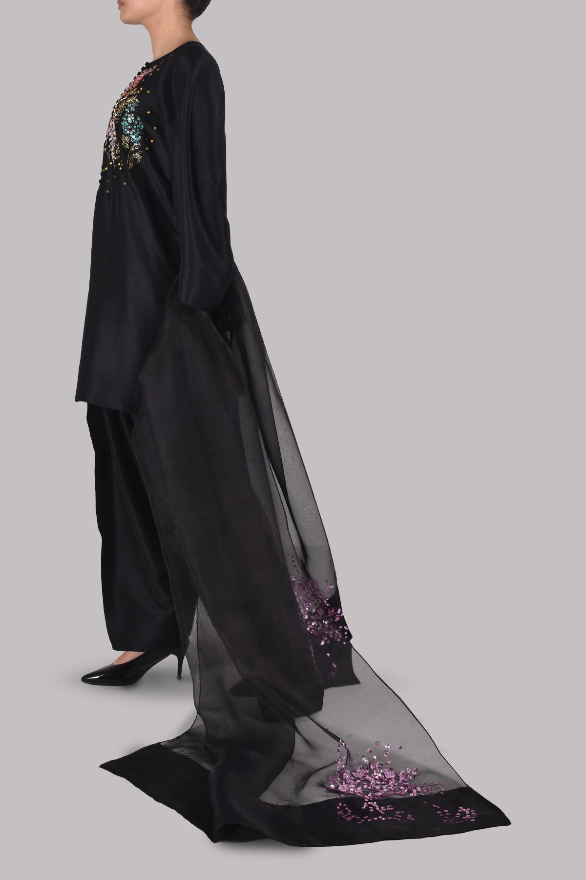 Black Embellished Raw Silk Set