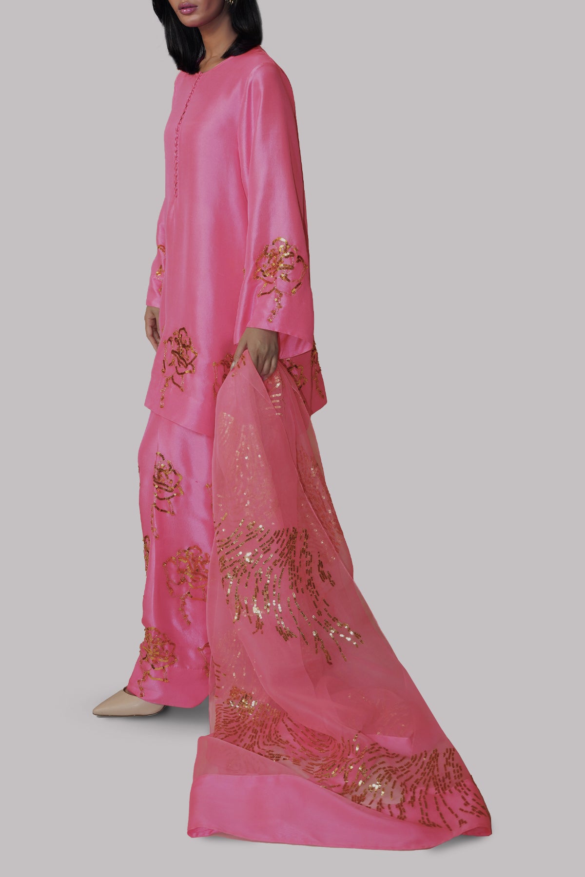 Pink Carnation Embellished Raw Silk Set