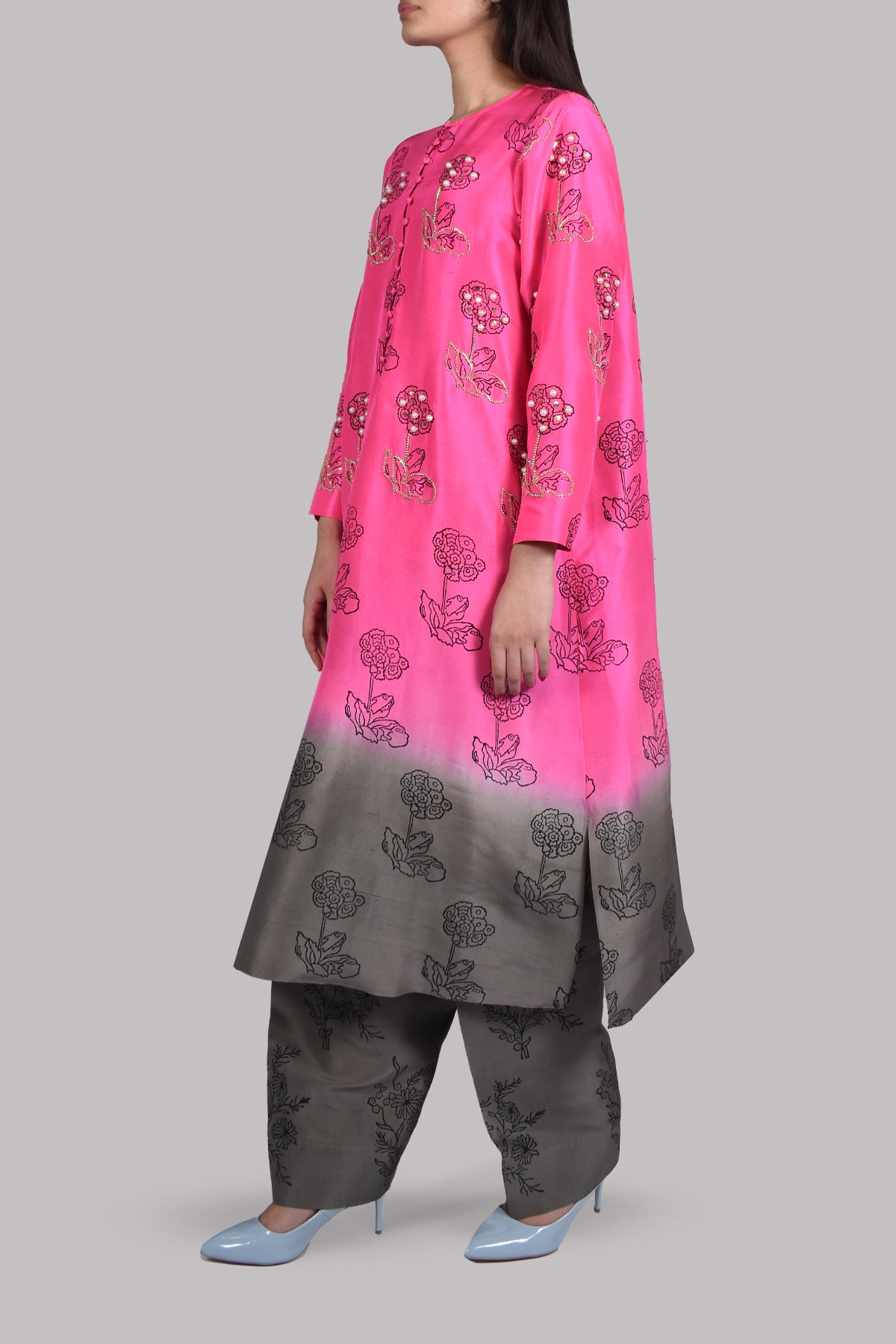 Azalea Pink Ombre Block Print Embellished Raw Silk Tunic Set