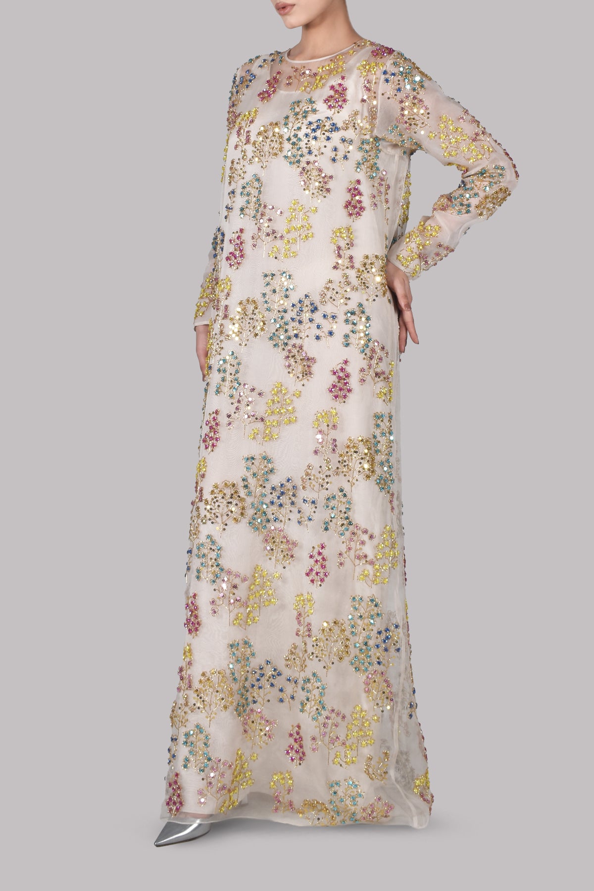Egret Embellished Italian Organza Maxi