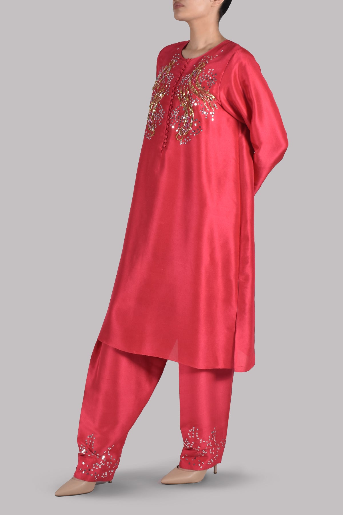 Bittersweet Red Embellished Raw Silk Set
