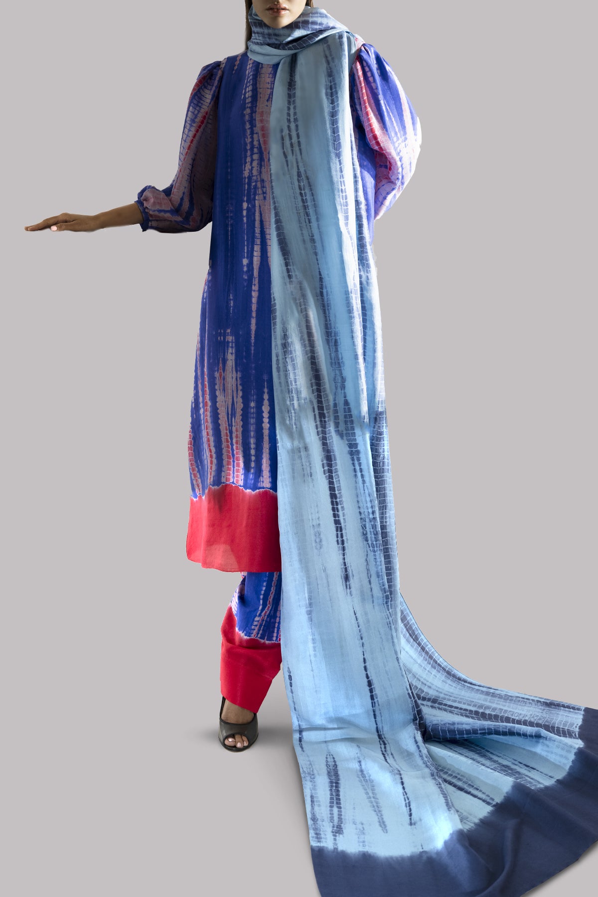 Tango Red and Princess Blue Tie Dye Raw Silk Set